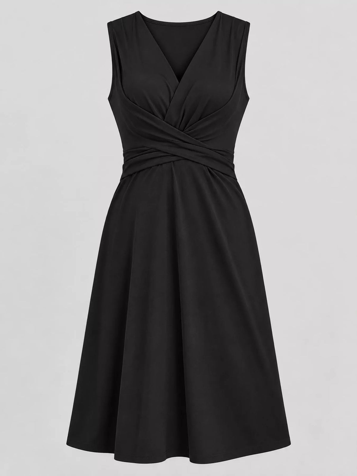 Black sleeveless midi dress flat, ruched V-neck and twisted waist seam