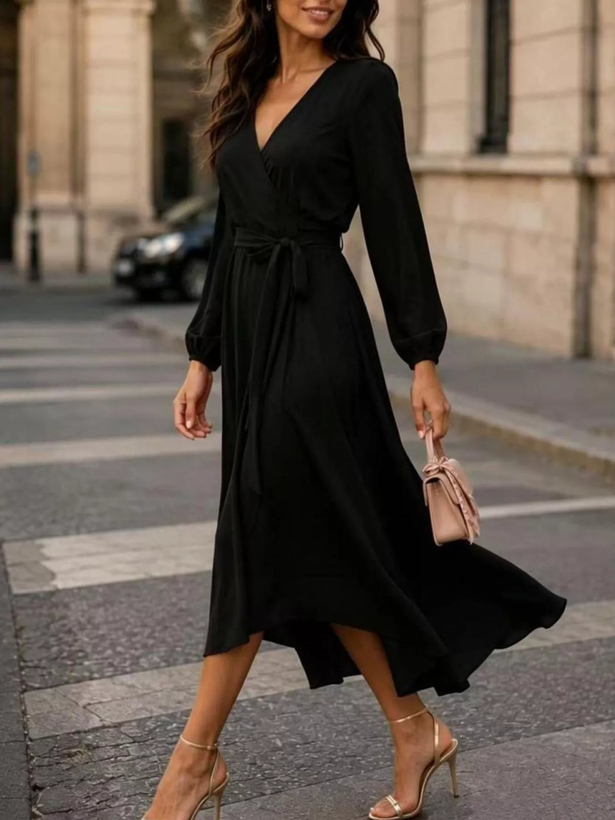 Black long sleeve wrap dress with V-neck and waist tie, high-low asymmetrical hem