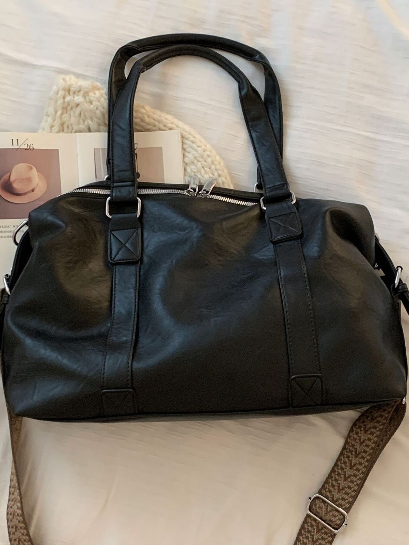 Black PU leather shoulder bag with dual top handles and adjustable crossbody strap, large size