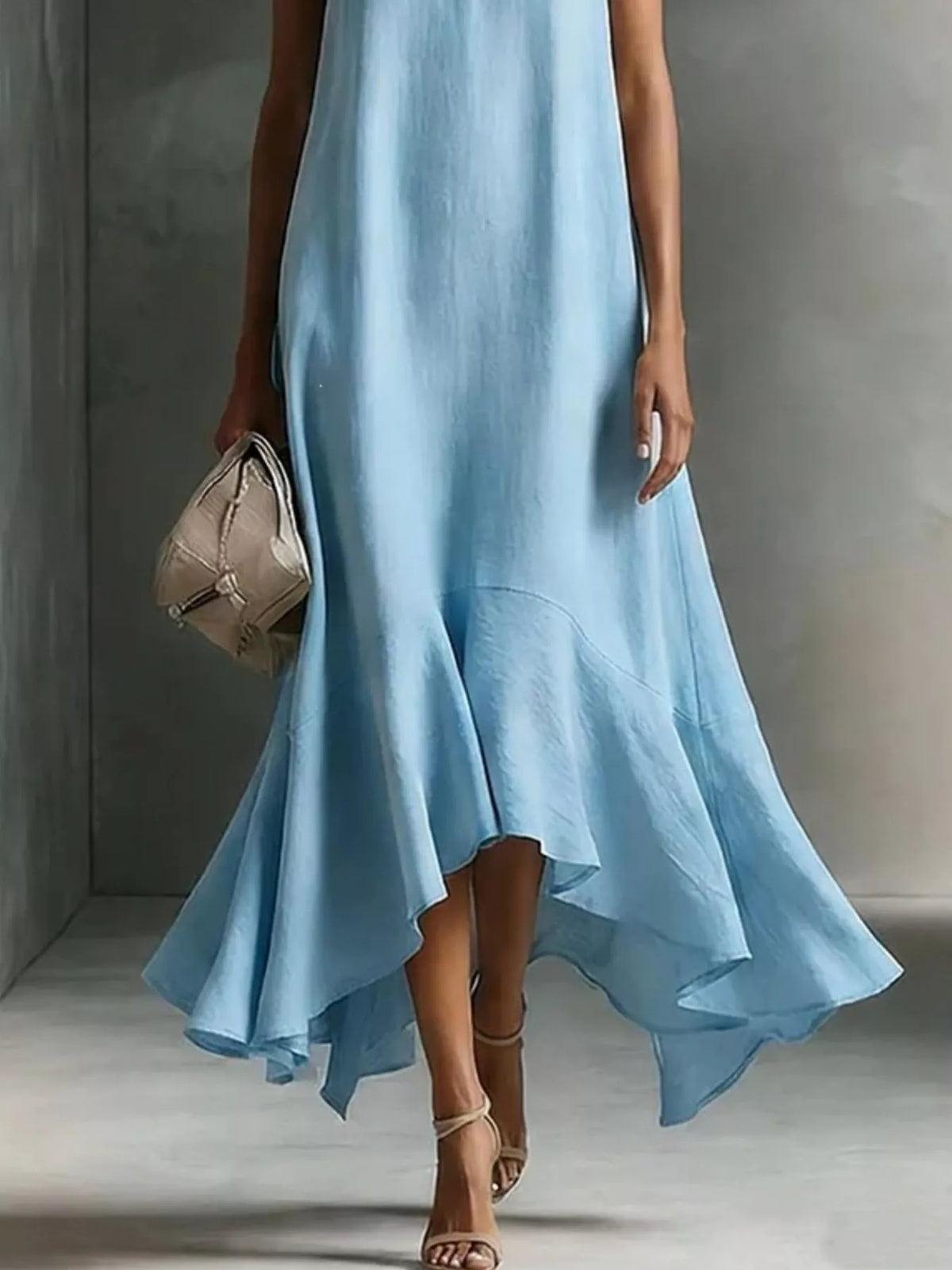 Sky blue sleeveless dress with ruffled high-low hem and V-neckline