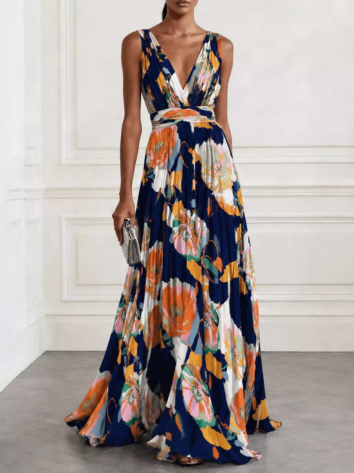 Blue sleeveless floral print maxi dress with V-neck and ruched tie waist