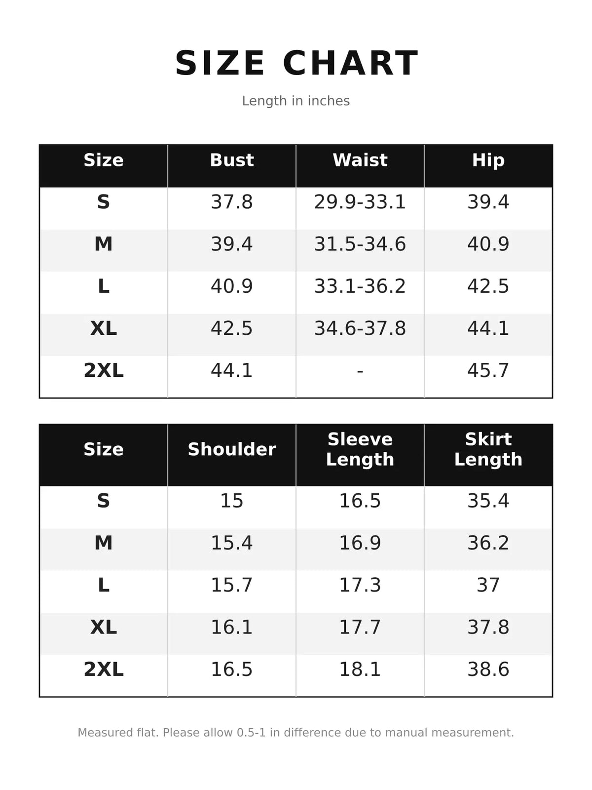 Size chart with bust, waist, hip, sleeve length, and skirt length for mini dress