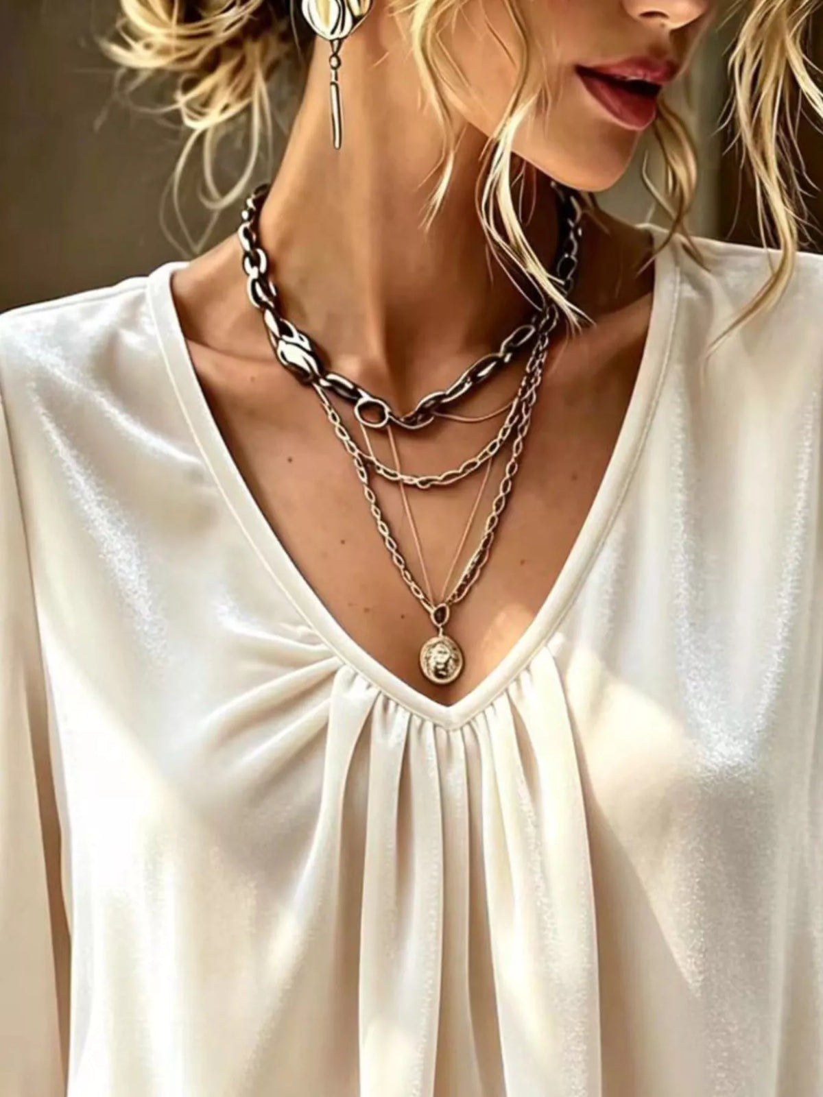 Cream V-neck blouse with pleated ruched front and gathered neckline