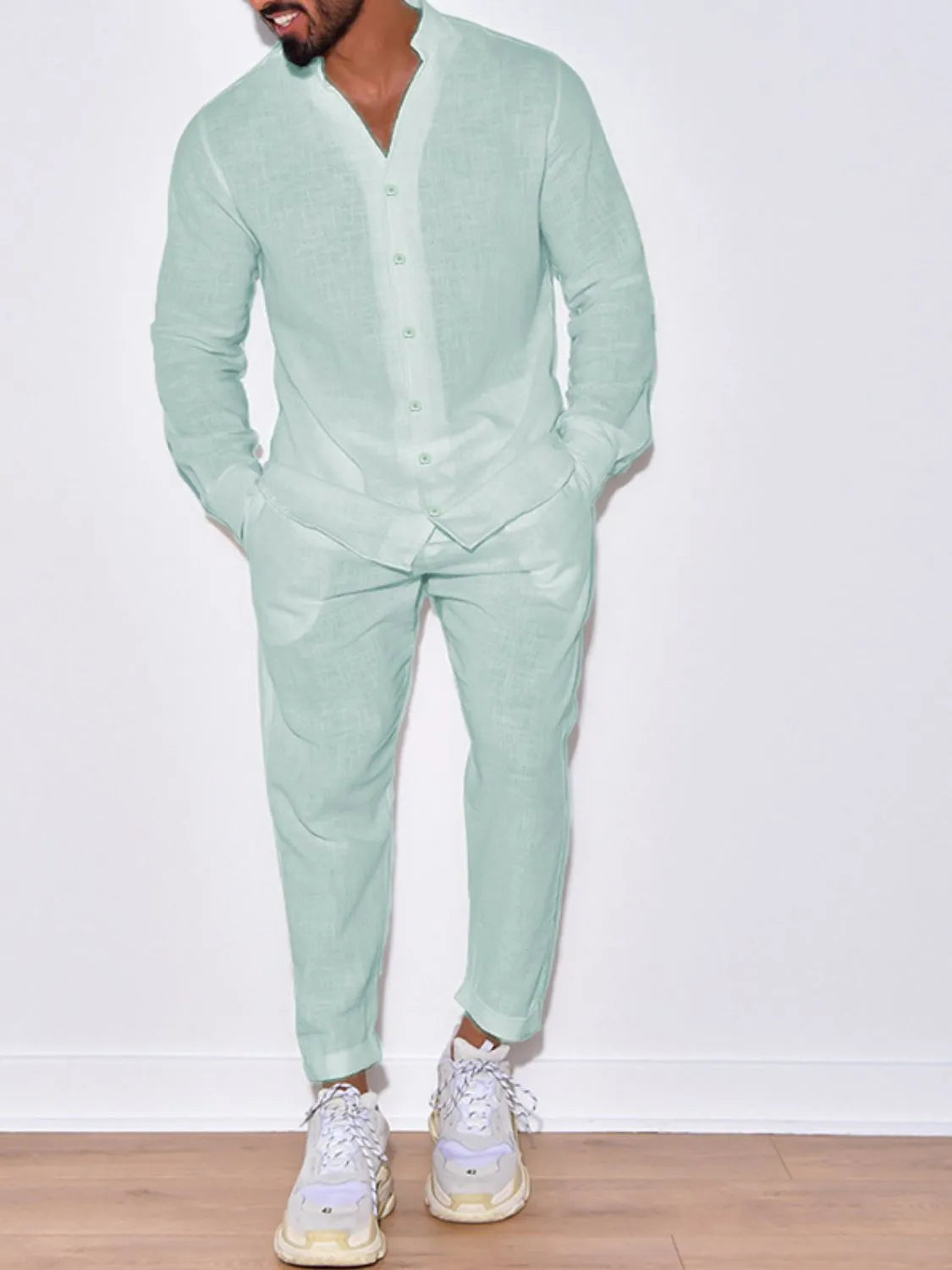 Men's button-up long sleeve shirt and pants set, mint green, twist-front detail