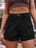 High-waist black denim shorts with front button and cargo pockets