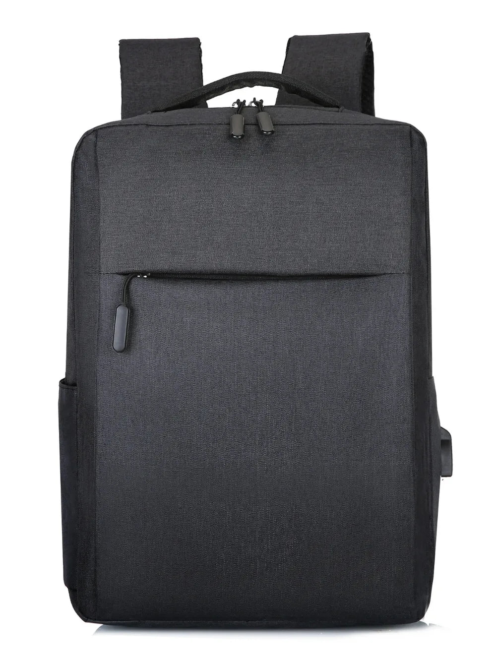 Black oxford backpack with top handle, front zip pocket, and adjustable shoulder straps.
