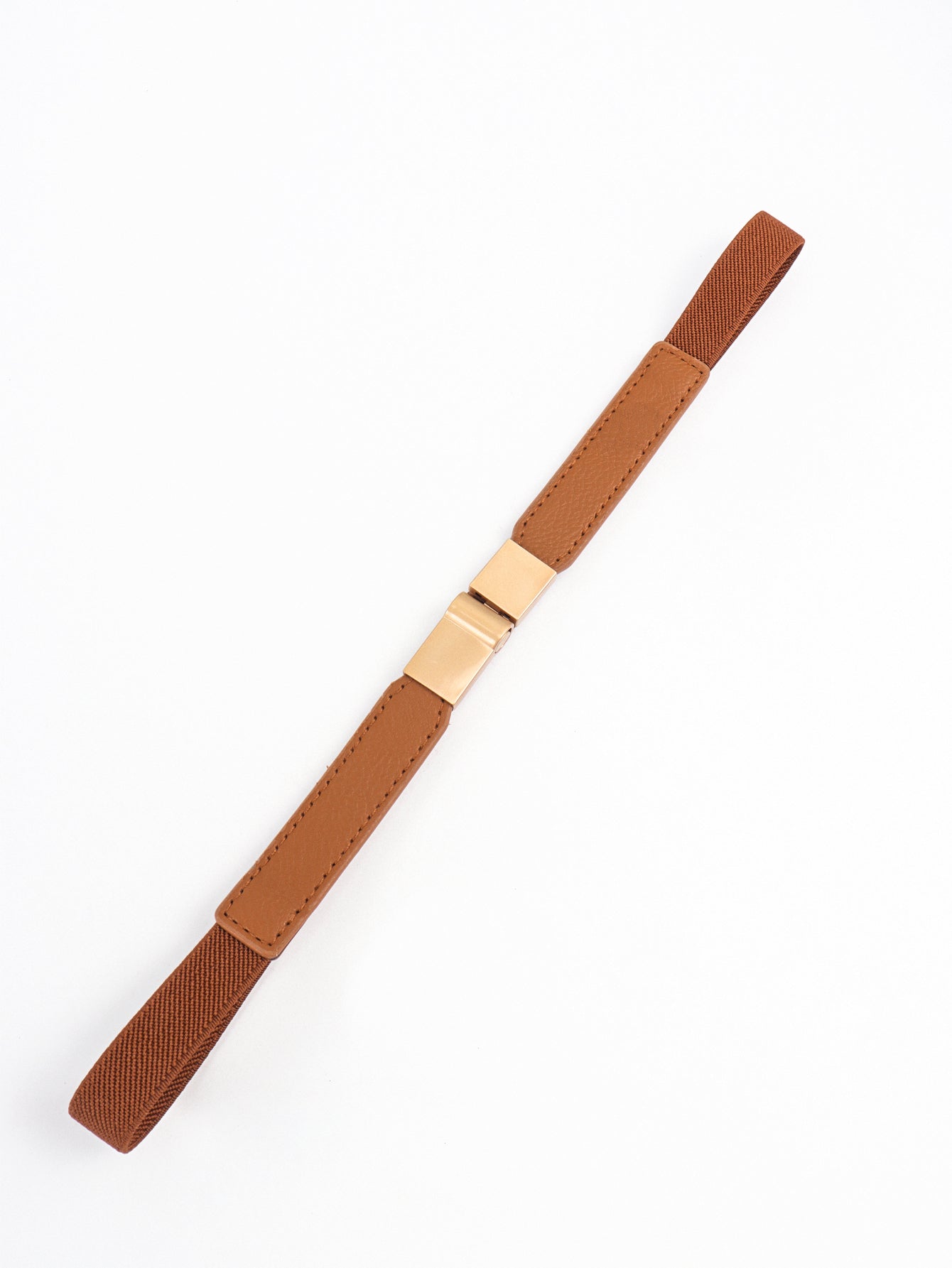 Caramel brown elastic skinny belt with gold-tone buckle and stitched strap