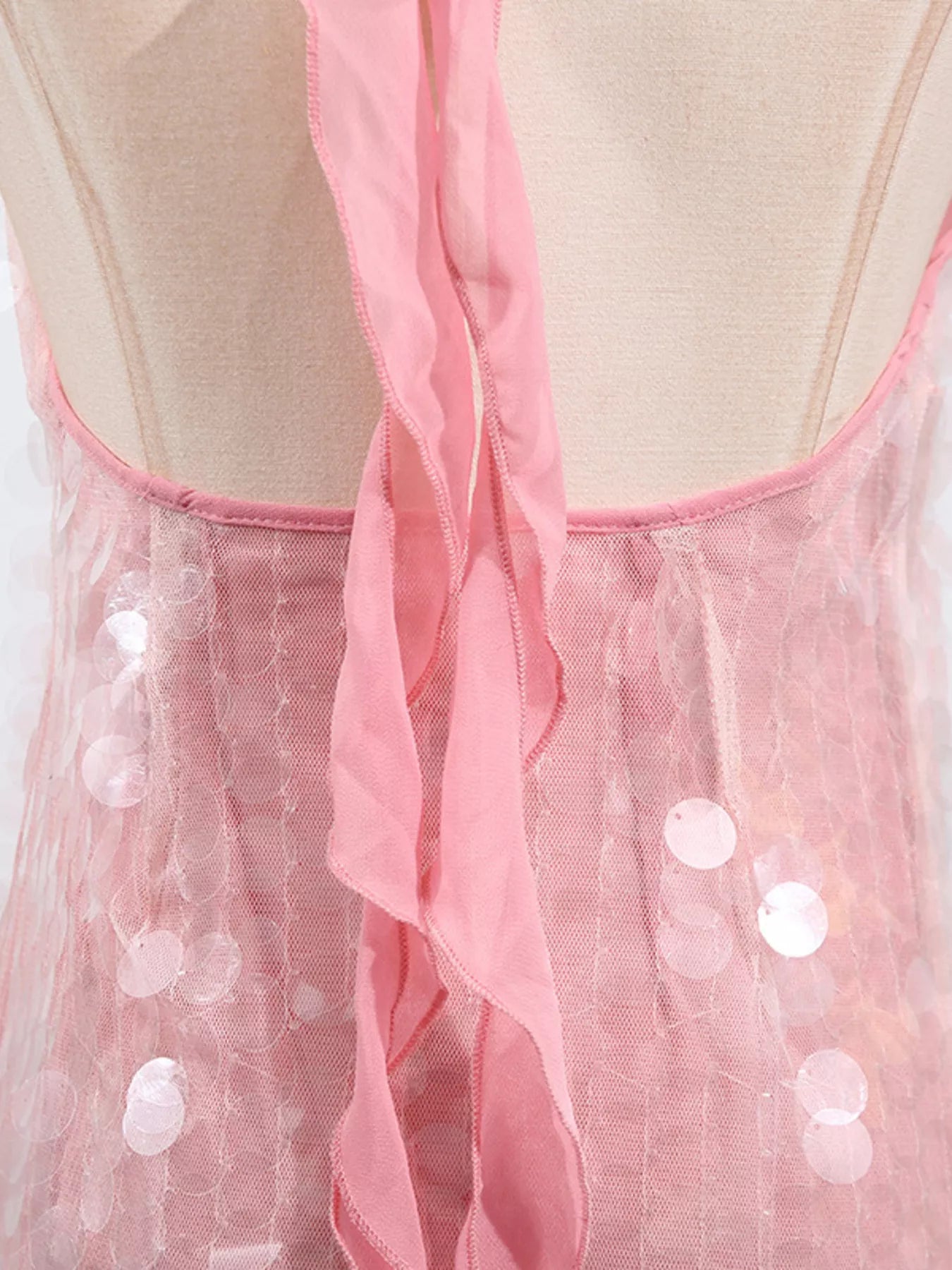 Cedar & Moore Sequin Halter Neck Mini Dress, pink sheer overlay and back tie