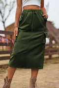 Army green denim drawstring waist slit skirt with cargo pockets and ties