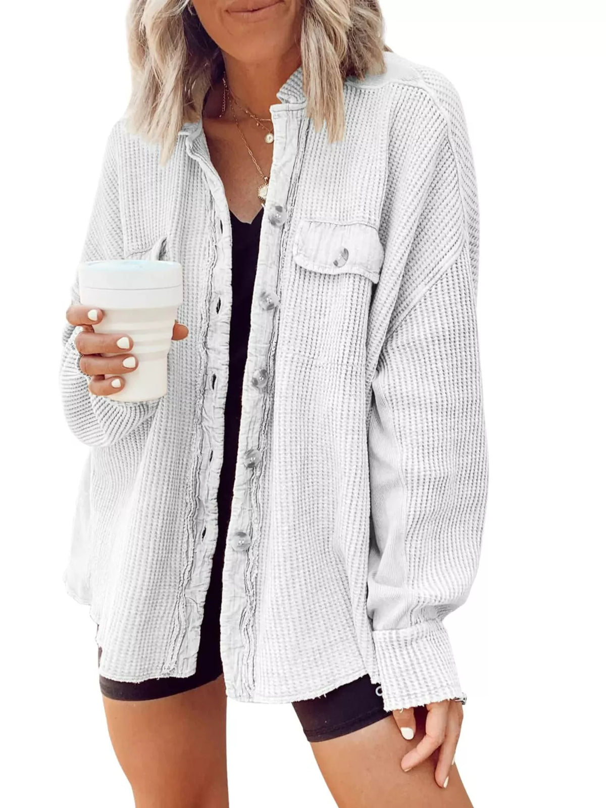 Oversized waffle knit button-up jacket, light gray with button front and chest pockets