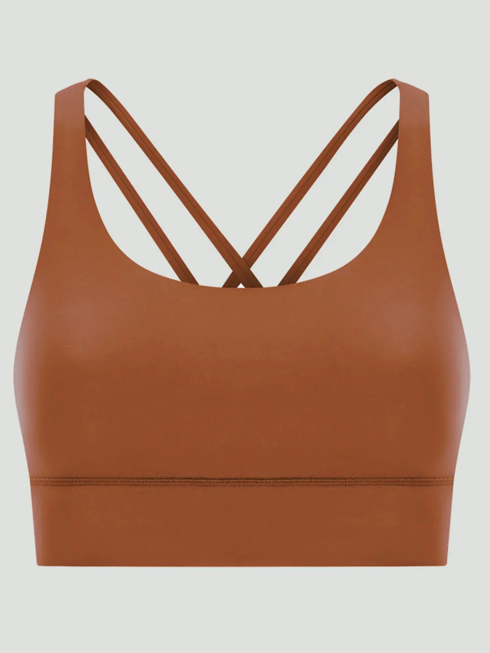 Caramel brown crisscross-back active tank sports bra, scoop neckline