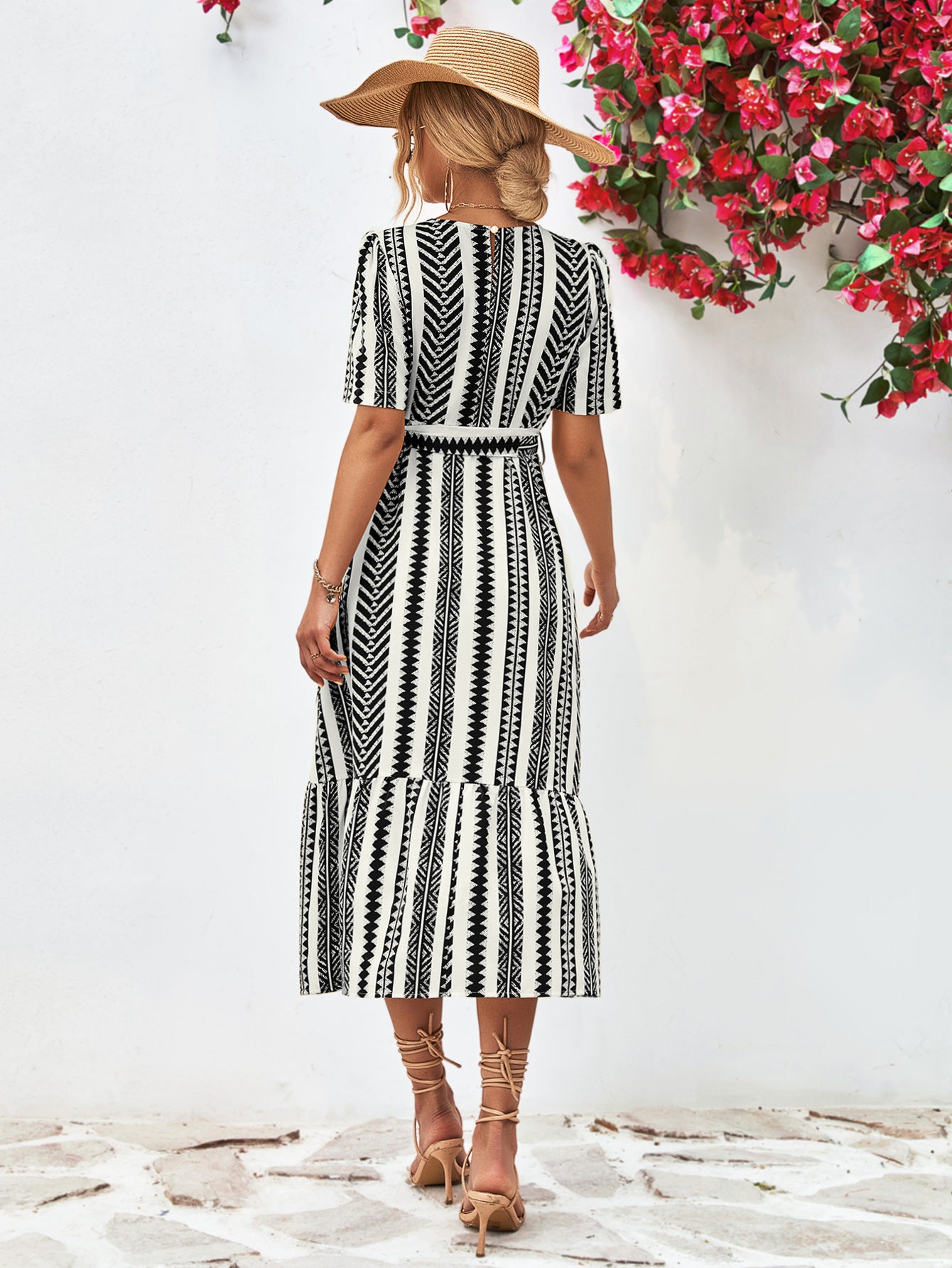 Striped tie-belt round-neck puff sleeve dress, black-and-white vertical stripes, midi