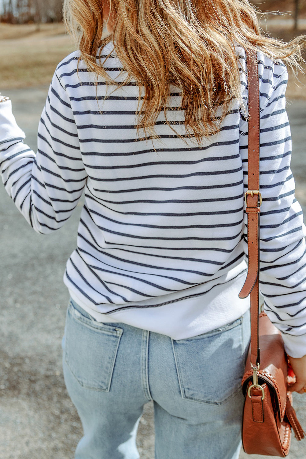 Striped long-sleeve top, navy and white horizontal stripes, crew back