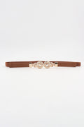 Caramel vegan leather belt with zinc alloy buckle and oval chain link centerpiece