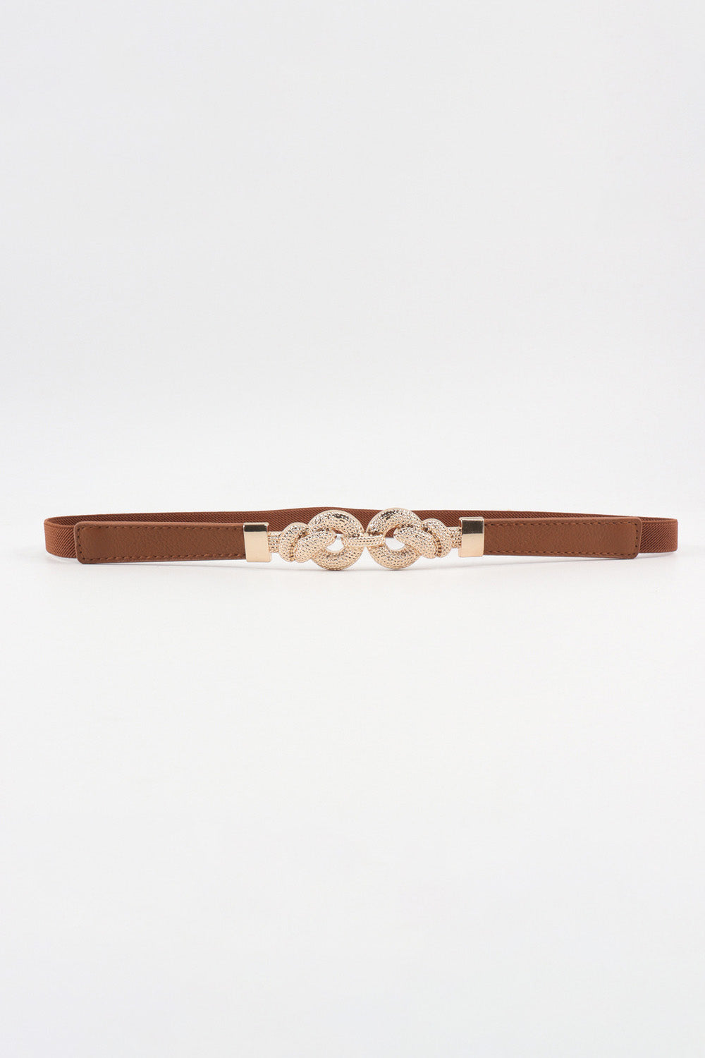 Caramel vegan leather belt with zinc alloy buckle and oval chain link centerpiece