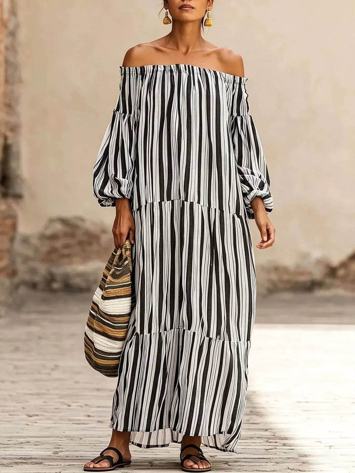 Off-shoulder striped maxi dress in black with white vertical stripes, tiered bodice