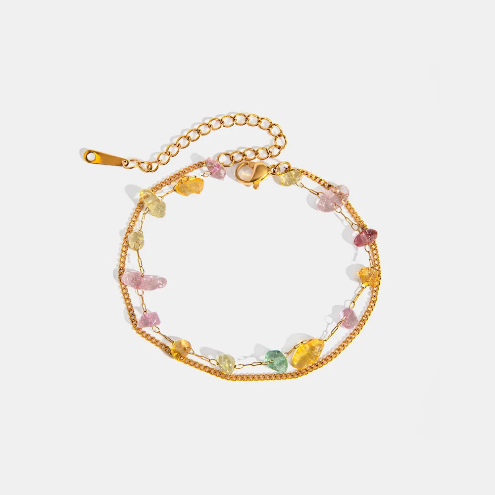 Gold double-layer bracelet with multicolor stone beads and clasp