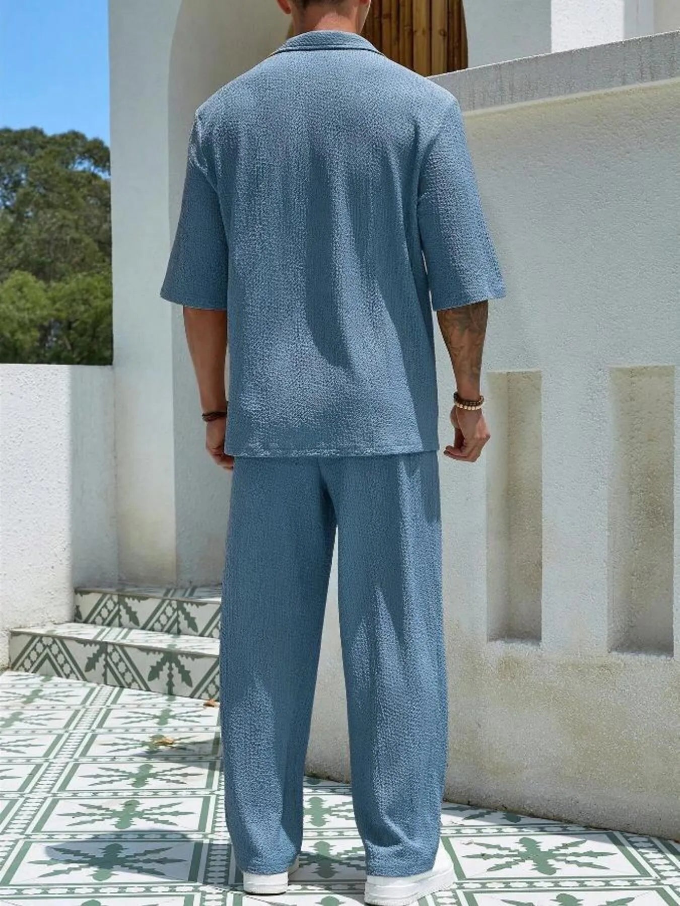 Men's plus size half-sleeve top and pants set, lake blue; back view
