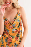 Mustard floral printed tank top close-up with cowl V-neck and spaghetti straps