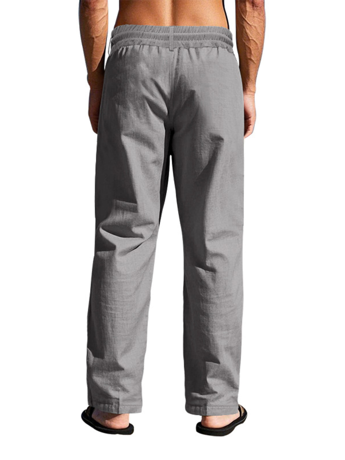 Men’s lightweight drawstring pants, light gray, elastic waistband, relaxed straight legs