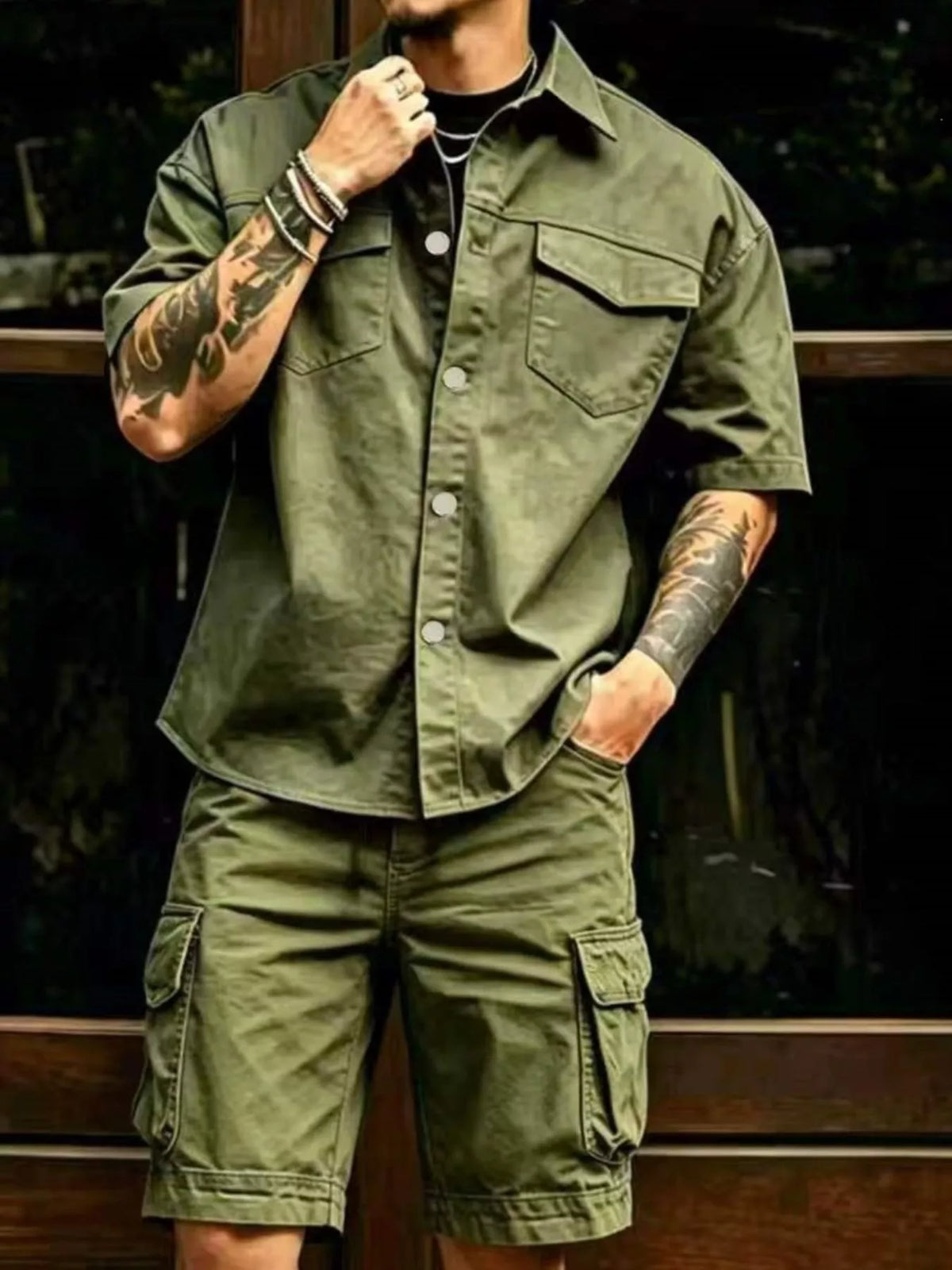 Cargo shirt and shorts set in matcha green; short-sleeve button front, chest pocket