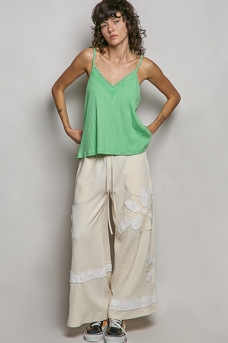 Cedar & Moore POL Lace Detail V-Neck Textured Knit Cami in green with lace trim and spaghetti straps