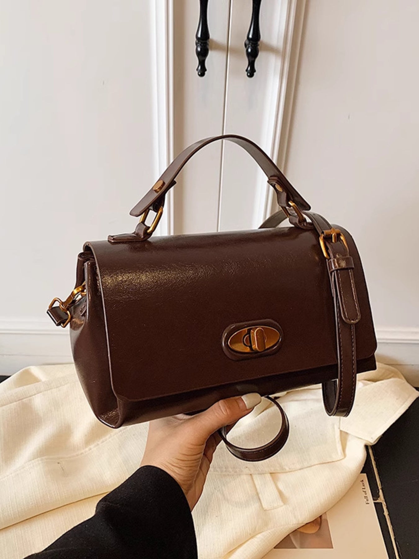 Flap Leather Shoulder Bag in brown with gold hardware, top handle and long strap