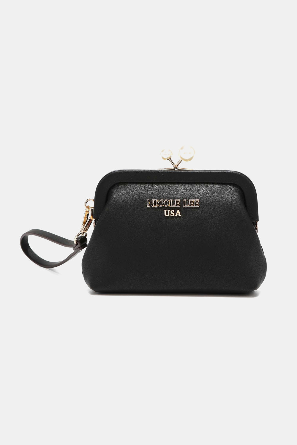 Black pearl coin purse with kiss-lock clasp and wrist strap; Nicole Lee USA logo
