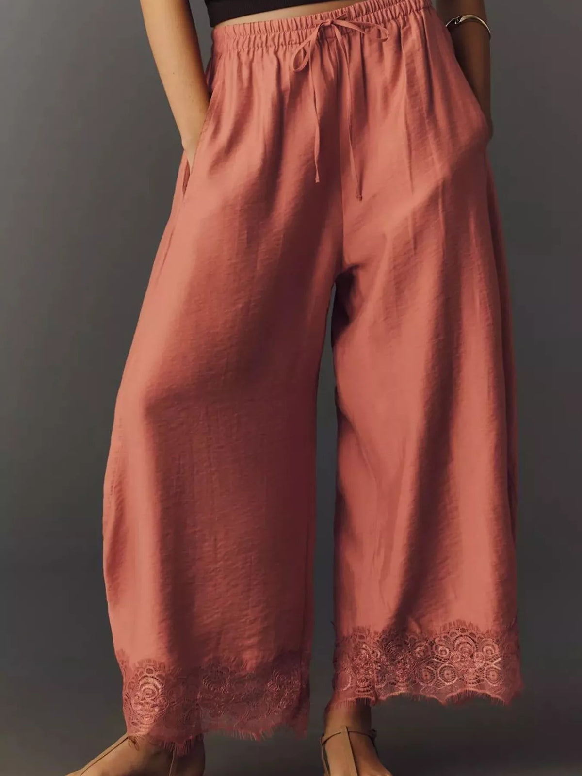 Burnt coral wide-leg casual pants with drawstring waist and lace-trim hem