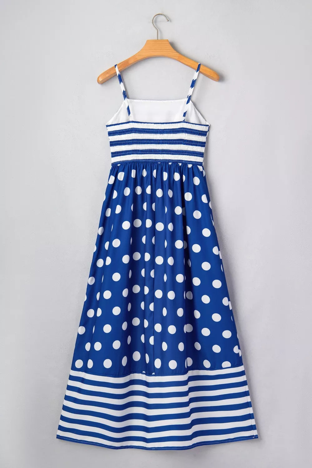 Cedar & Moore striped polka dot patchwork maxi dress by Trendsi, spaghetti straps, high waist, blue and white