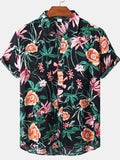 Men's black floral Hawaiian short sleeve shirt, button-front camp collar