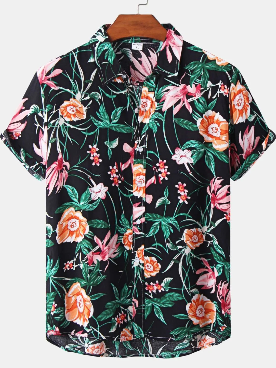 Men's black floral Hawaiian short sleeve shirt, button-front camp collar