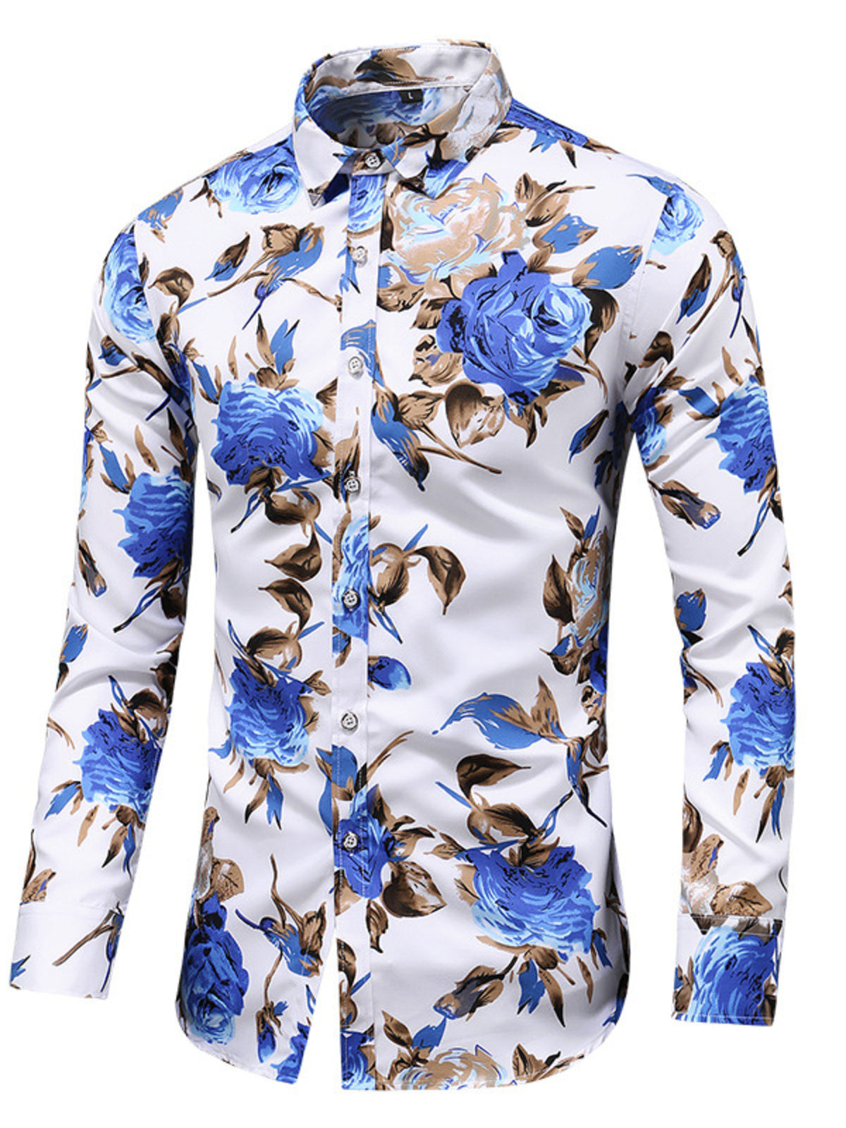 Men's long sleeve floral button-down shirt with blue rose print on white