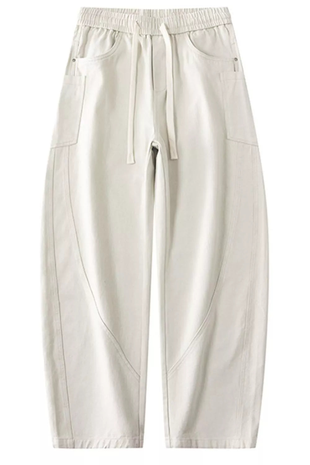 Off-white cotton drawstring waist jeans with straight relaxed legs and side pockets