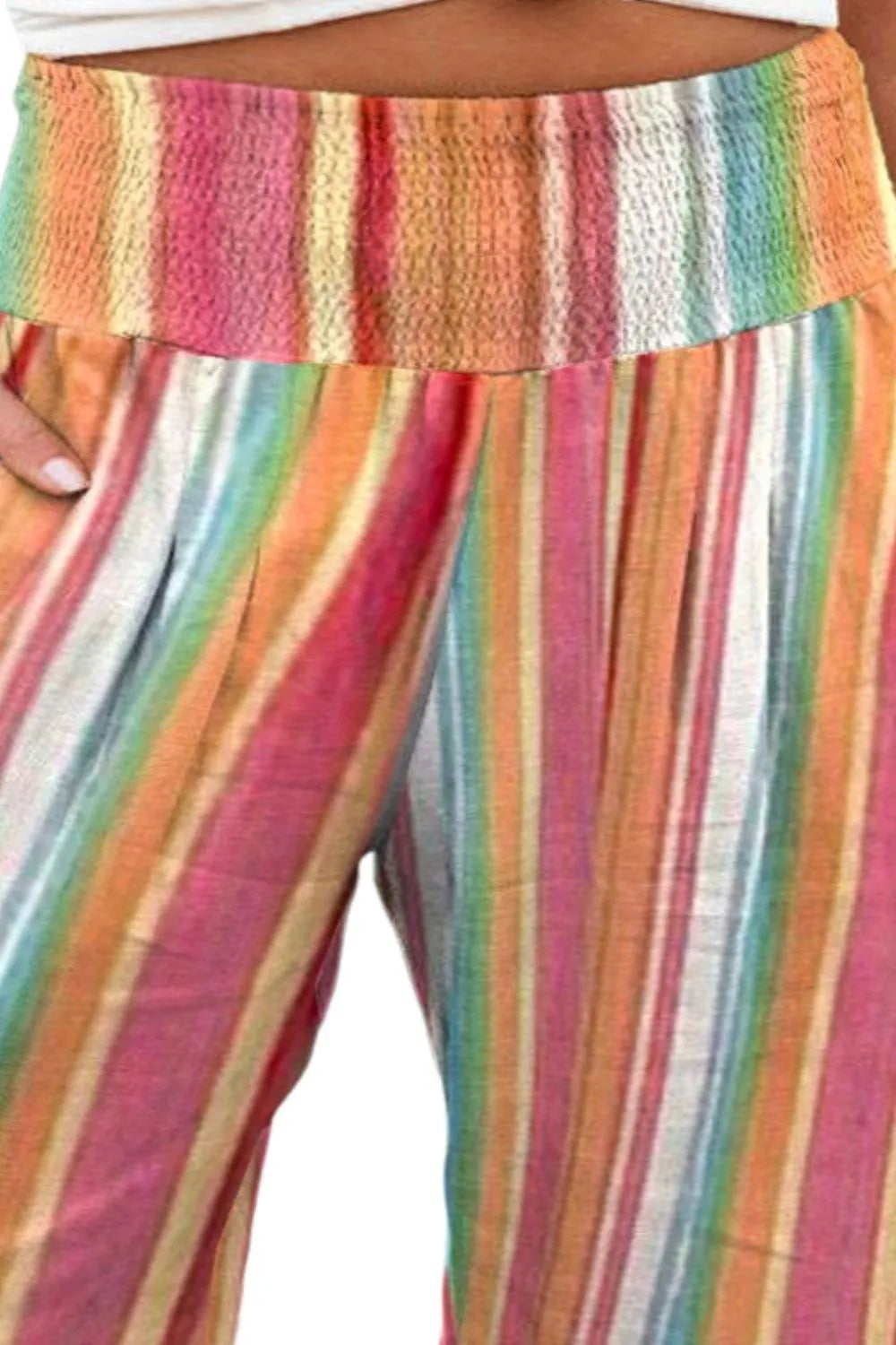 Striped wide-leg pants: multicolor vertical stripes and elastic waistband
