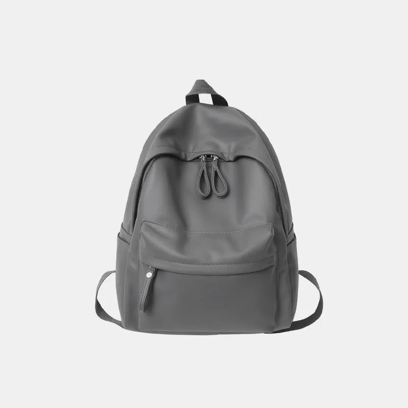 Dark gray vegan leather zip backpack with drawstring cord and front zipper
