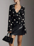 Trendsi polka dot ruffle V-neck blouse, sheer black with white dots, long sleeves