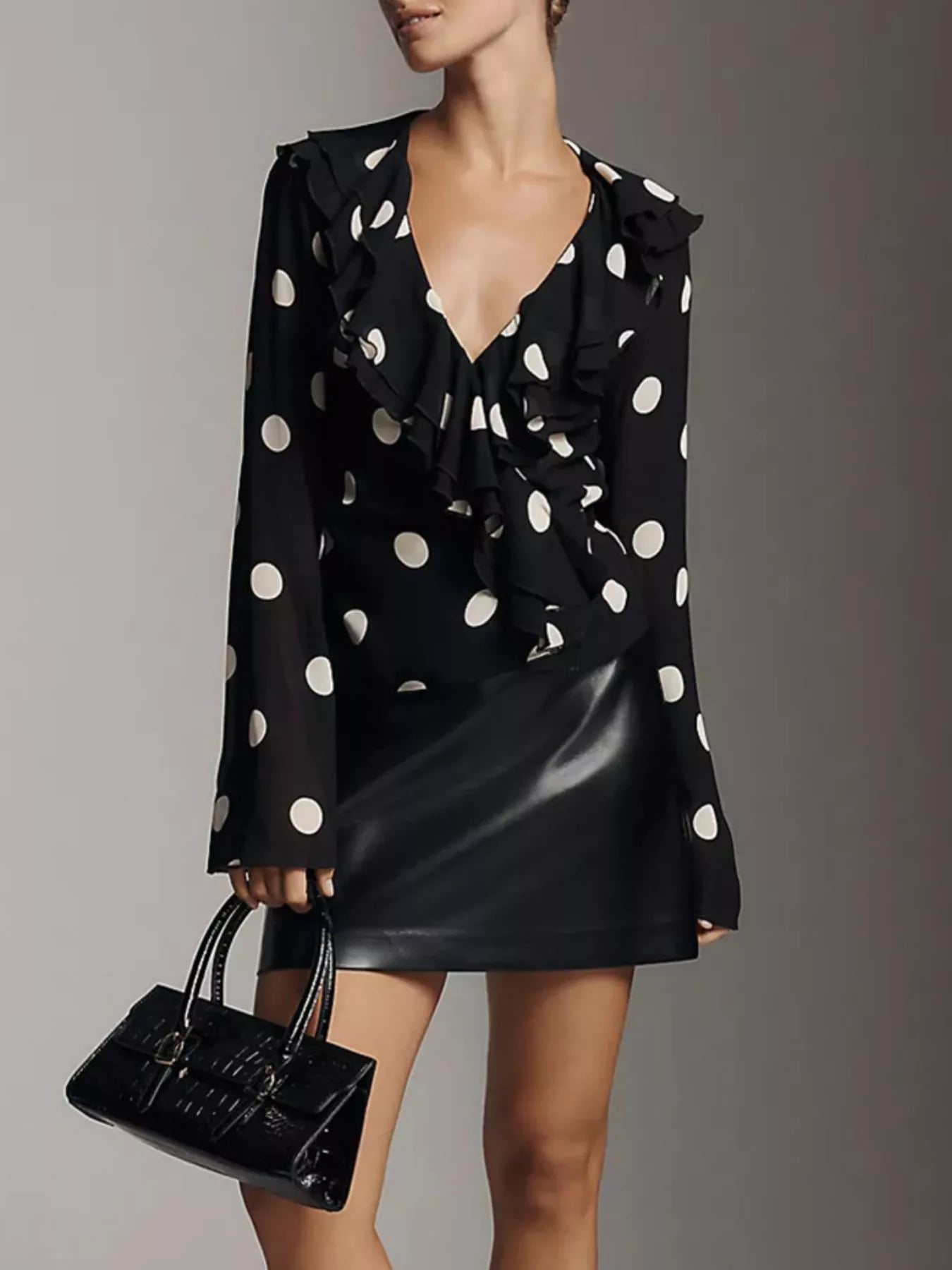 Trendsi polka dot ruffle V-neck blouse, sheer black with white dots, long sleeves
