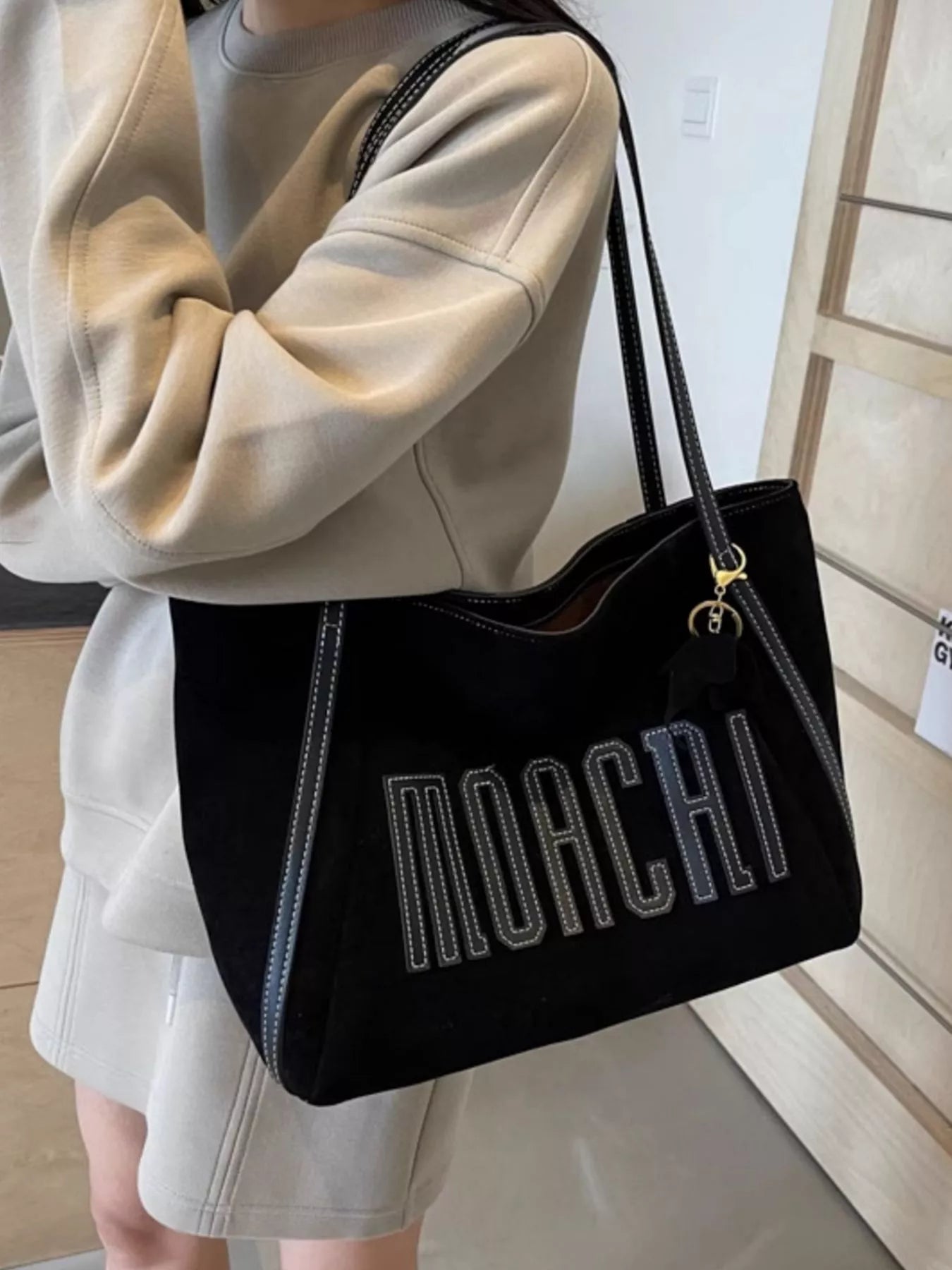 Casual Letter Shoulder Bag (medium) in black with white stitched block lettering