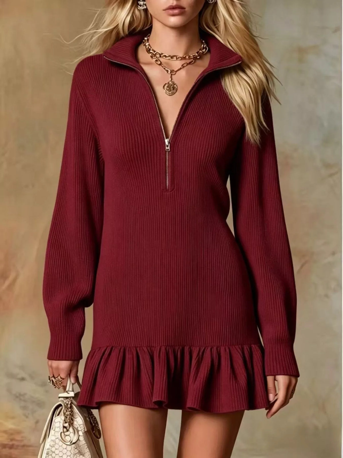 Burgundy ribbed stretch half-zip dress with long sleeves and ruffle hem