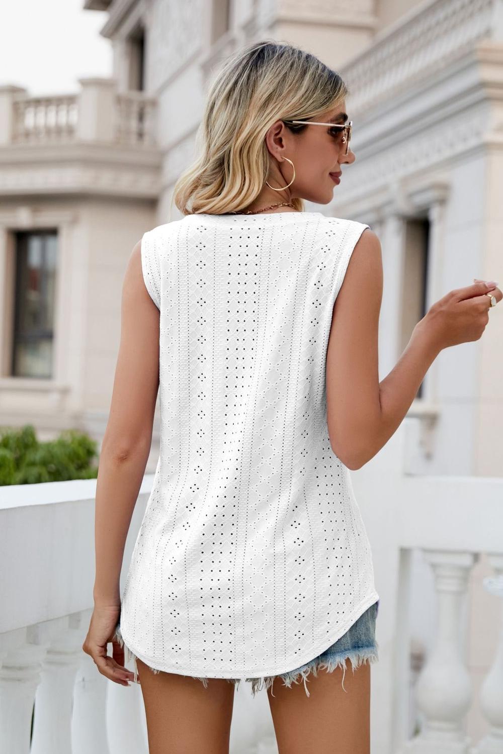 White eyelet V-neck tank top, back view with eyelet pattern and sleeveless cut