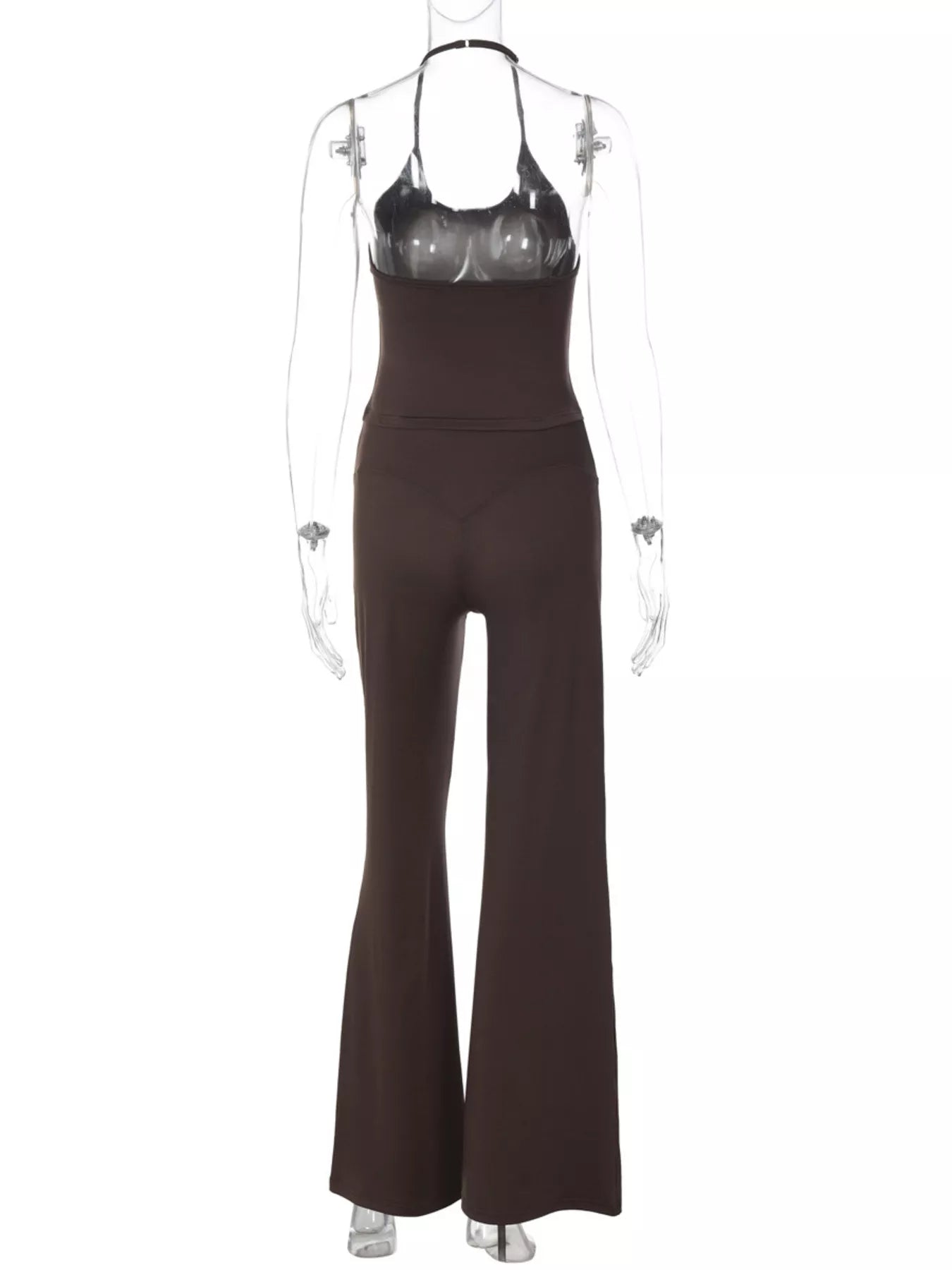 Dark brown halter neck crop top and wide-leg pants set, back view