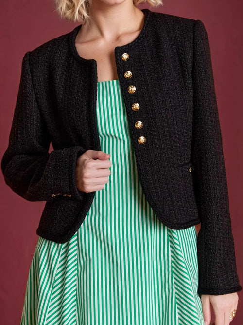Black textured long-sleeve outerwear with button front and gold-tone buttons