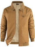 Men's sherpa-lined zip-up jacket with chest pocket and side welt pockets, ochre brown.