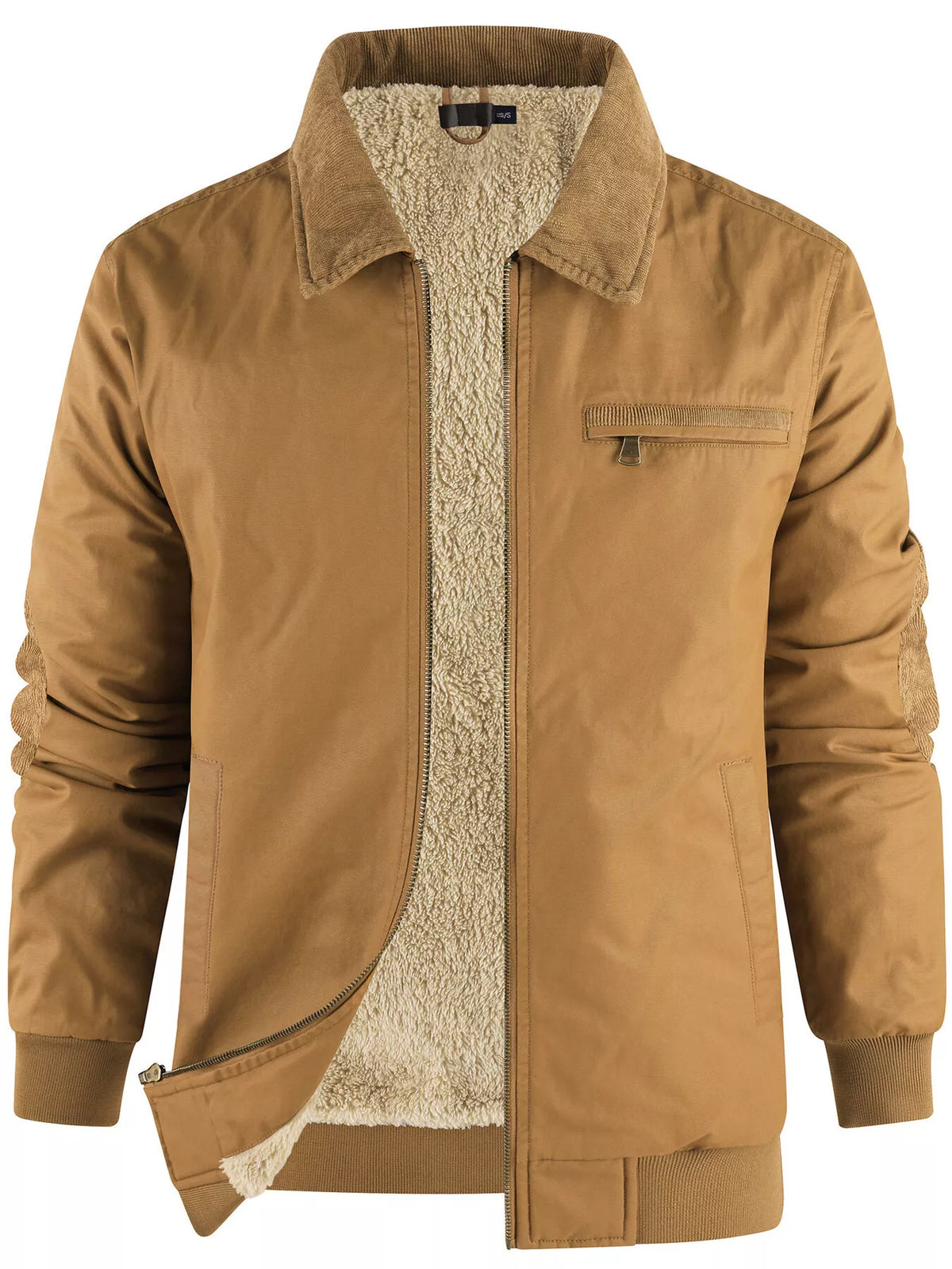 Men's sherpa-lined zip-up jacket with chest pocket and side welt pockets, ochre brown.
