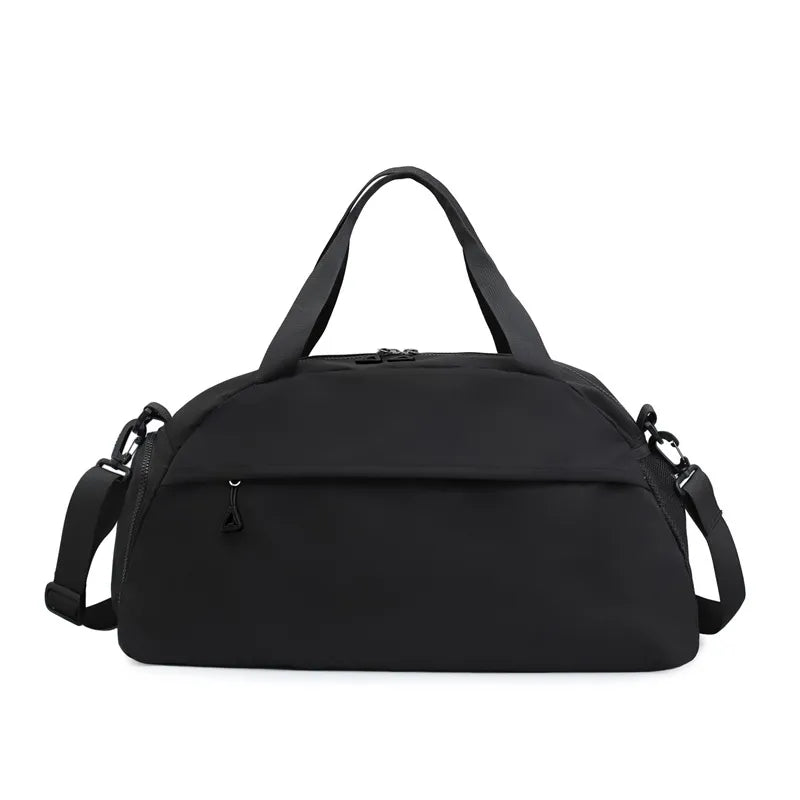 Large nylon travel duffle bag, black with front zip pocket and short handles