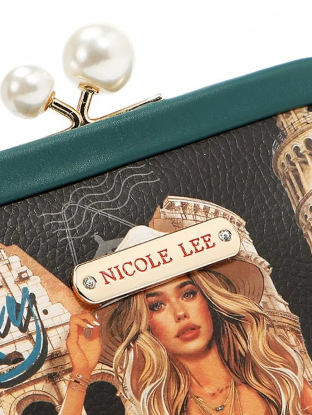Chelsea kiss-lock coin purse close-up of pearl clasp and Nicole Lee label on Italy print