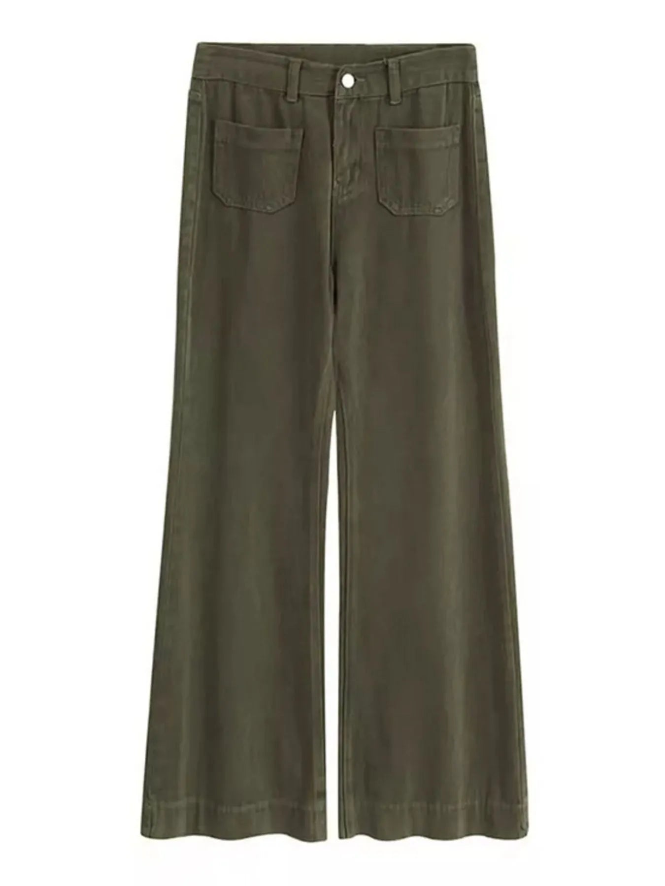 Olive wide-leg pants with four pockets and button closure