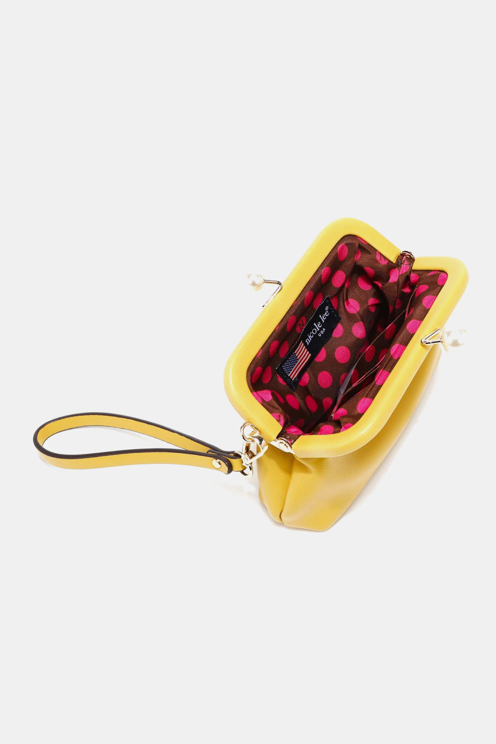 Nicole Lee USA Elise pearl coin purse, yellow with open frame and pink patterned lining.