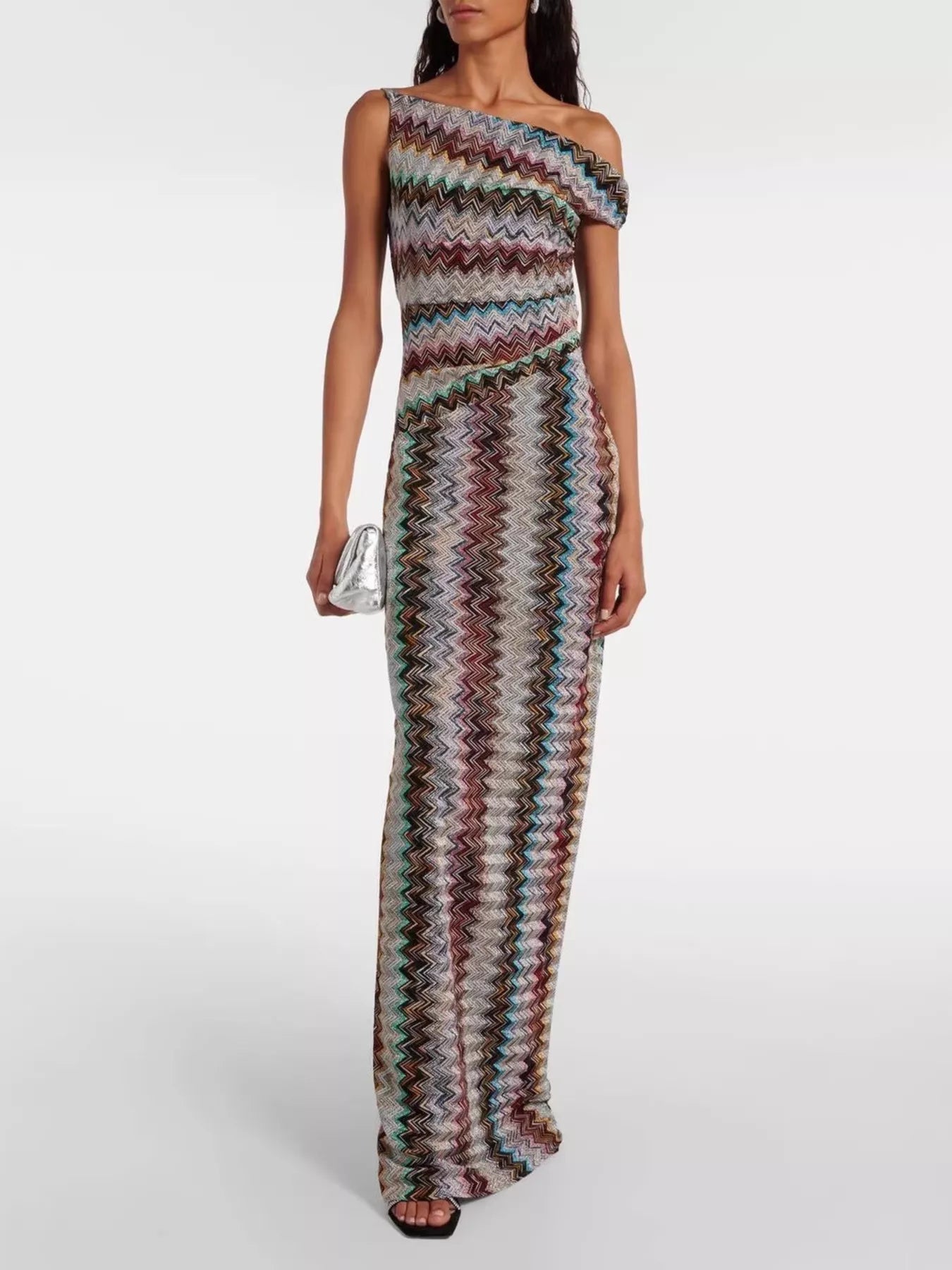 Cedar & Moore One-Shoulder Zigzag Knit Maxi Dress, multicolor knit fabric, by Trendsi